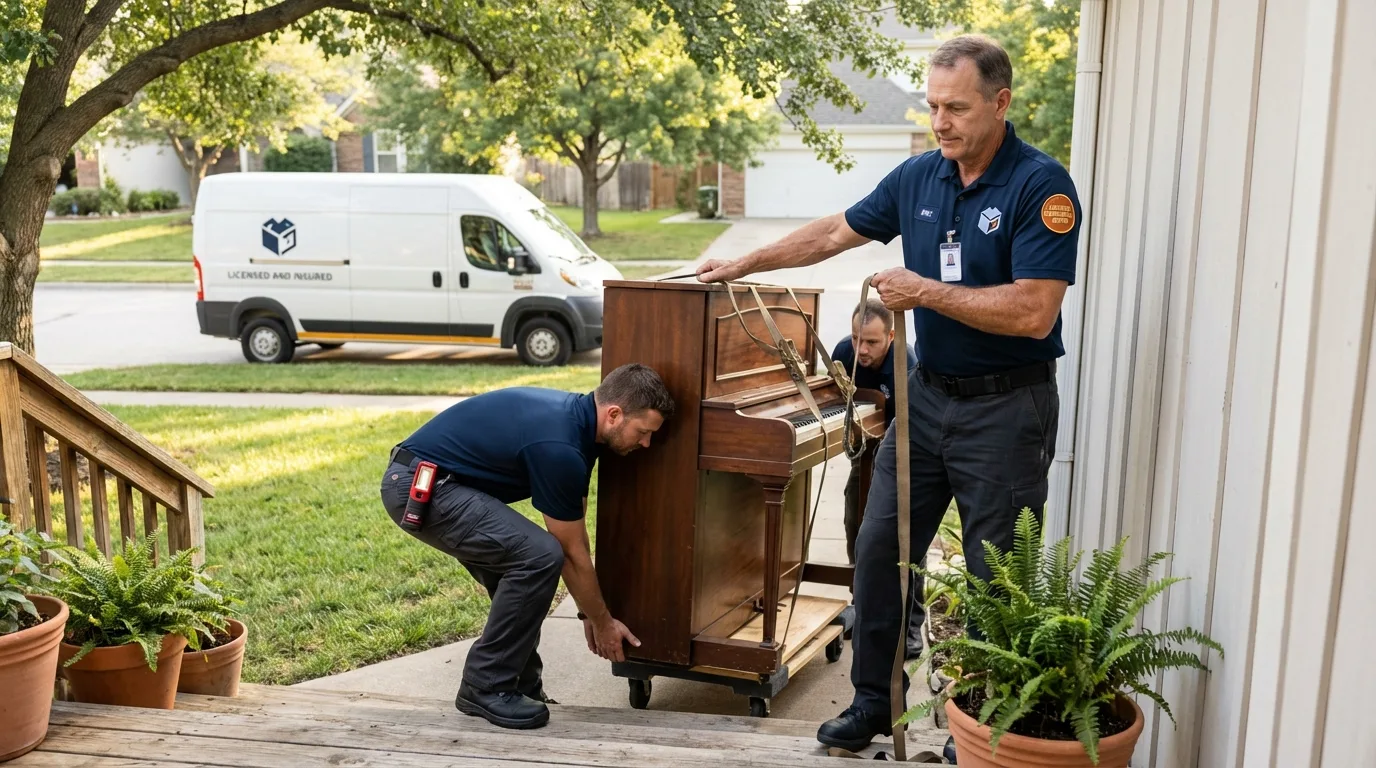 Licensed piano movers securing grand piano in Anderson, TX
