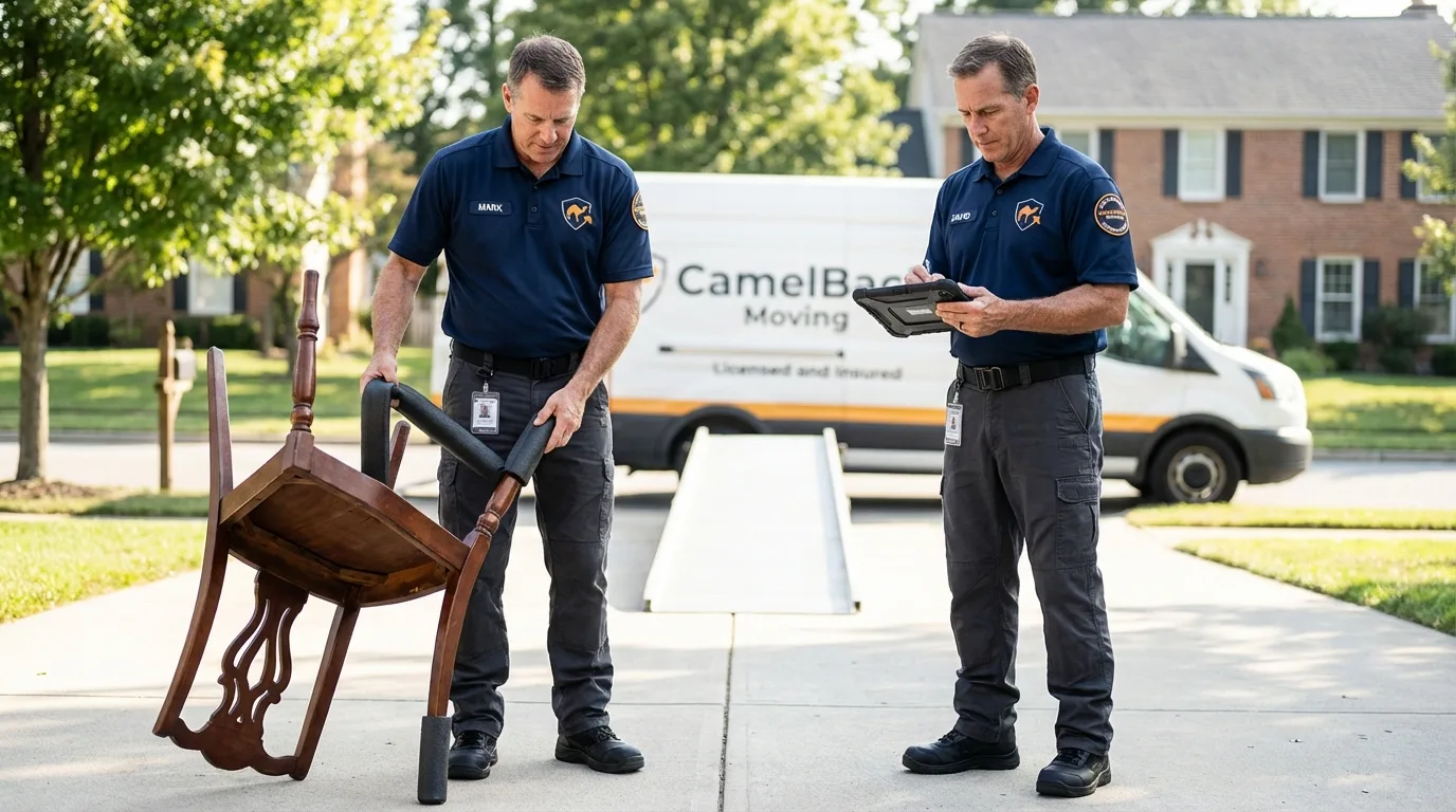 Movers inspecting furniture for damage prevention before loading in Anderson, TX